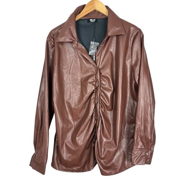 Fashion Nova Jolie & Joy Button Down Faux Leather Top Chocolate Brown 3X NWT - Picture 2 of 9